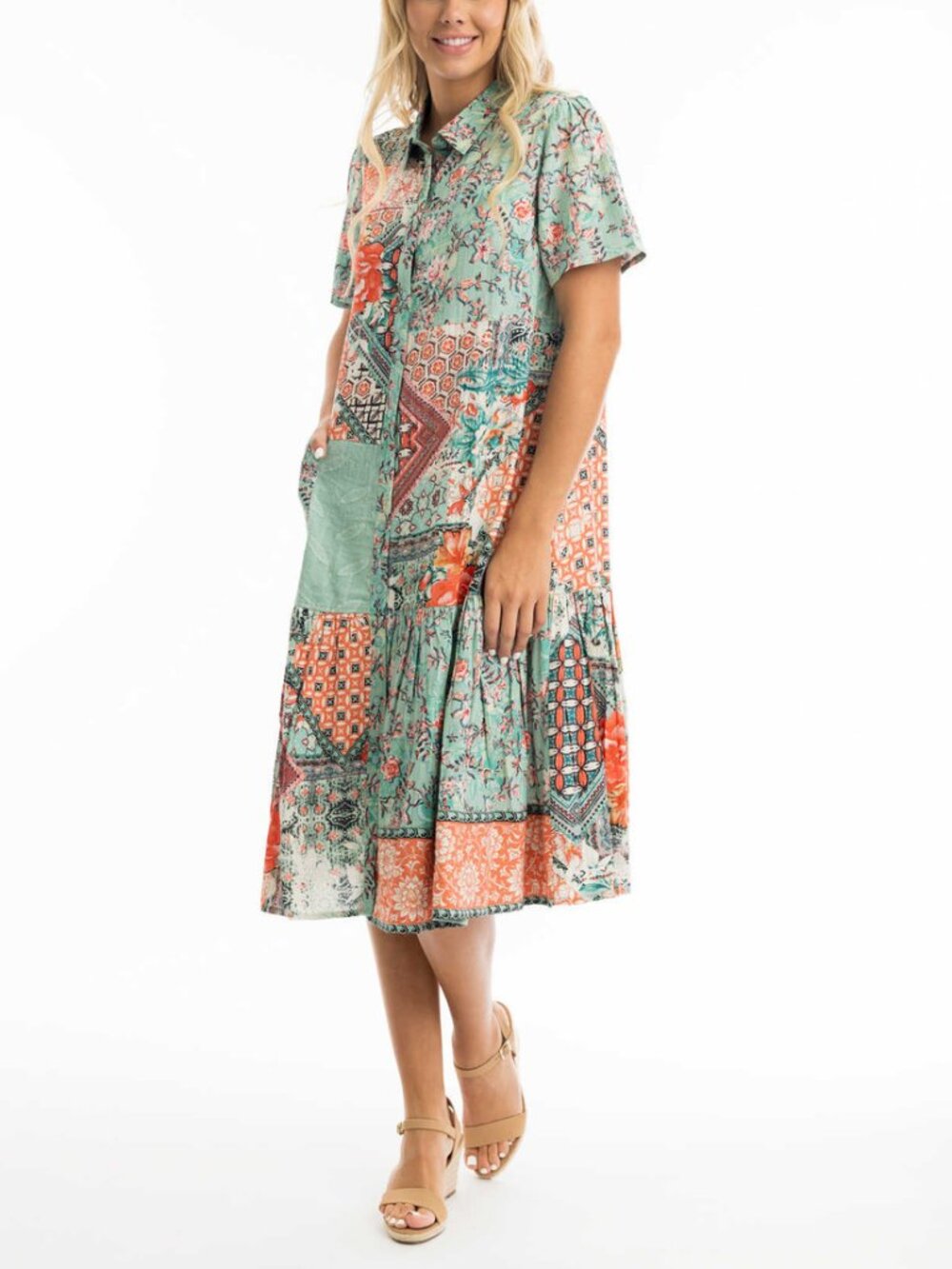 ORIENTIQUE Australia Collared Patchwork Midi Shirt Dress Linen Cotton Women's 6